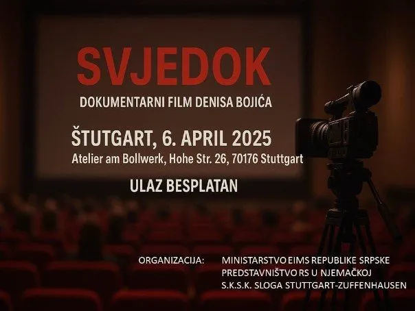 Ankündigungsplakat: roter Schriftzug „SVJEDOK" über einem Kinosaal, darunter Datum und Spielort in Stuttgart, am rechten Rand eine Filmkamera auf einem Stativ.