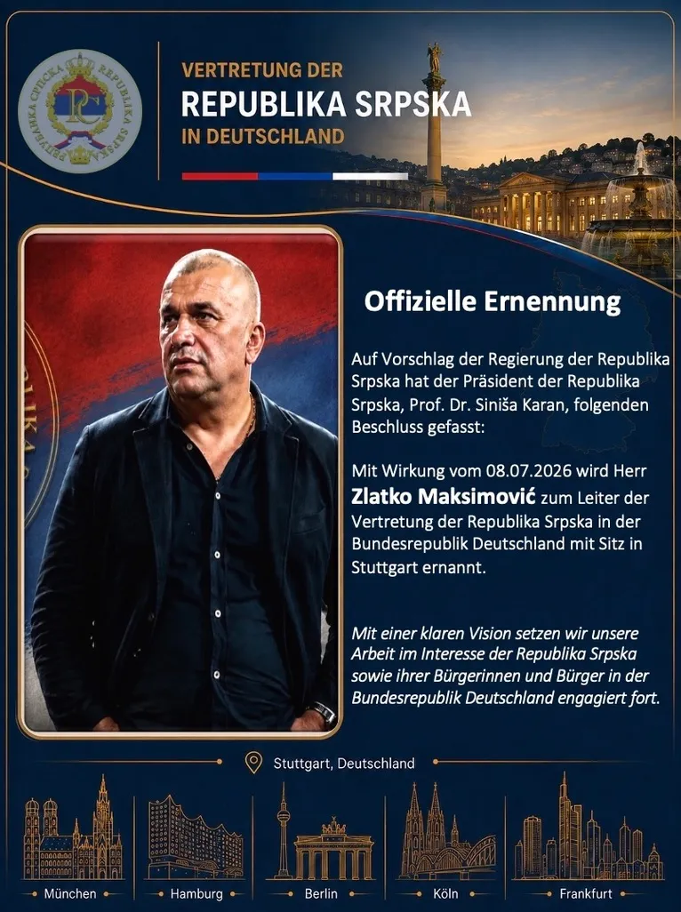 Gestaltete Bildmitteilung der Vertretung: oben das Wappen der Republika Srpska mit dem Schriftzug „Vertretung der Republika Srpska in Deutschland", darunter ein Porträt von Zlatko Maksimović neben dem Text der Ernennungsmitteilung.